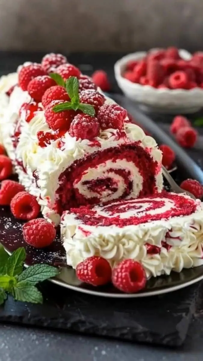 🍓✨ Raspberry Swiss Roll Cake