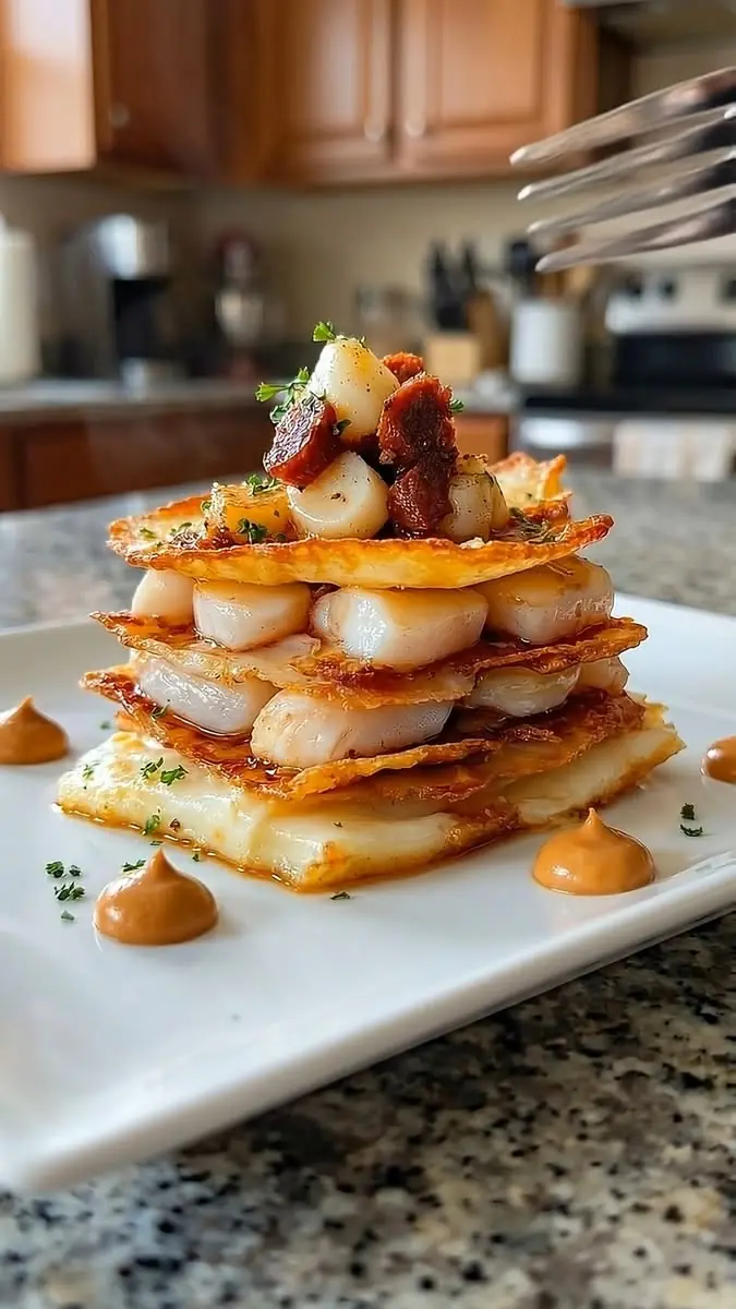 🧀🔥 CRISPY SCALLOP & CHEESE MILLE-FEUILLE (SAVORY LAYERED STACK)
