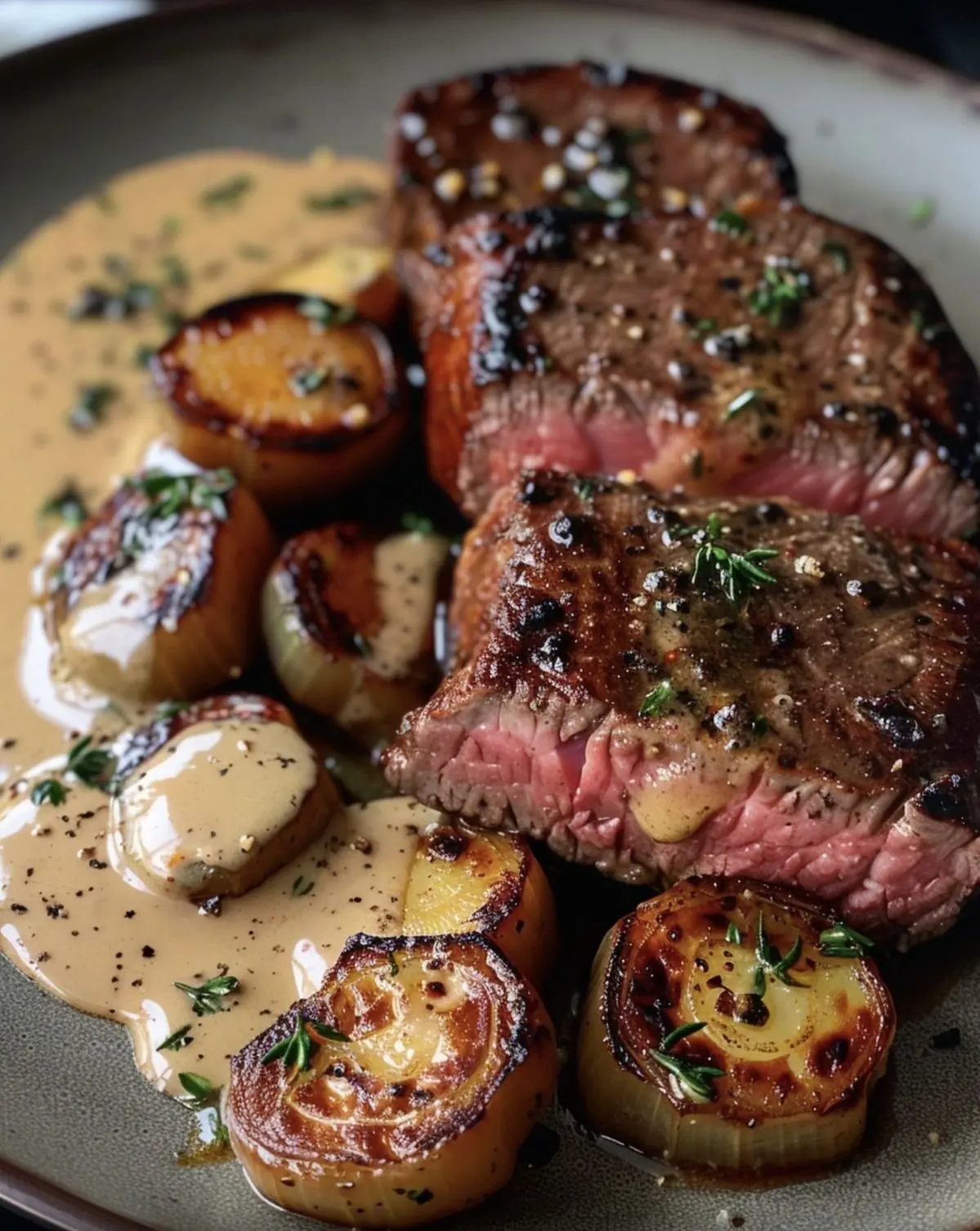 🥩🔥 PAN-SEARED STEAK WITH CREAMY PEPPER SAUCE & CARAMELIZED ONIONS