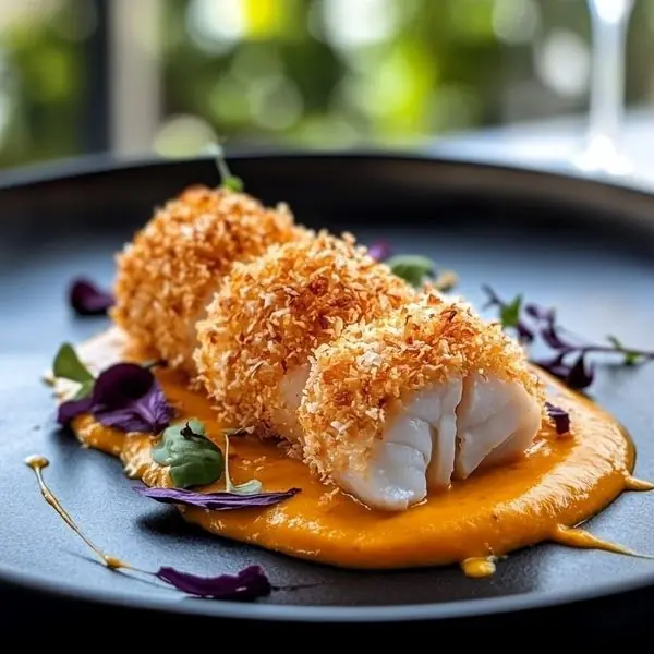 🐟✨ Crispy Coconut-Crusted Fish with Pumpkin Cream Sauce