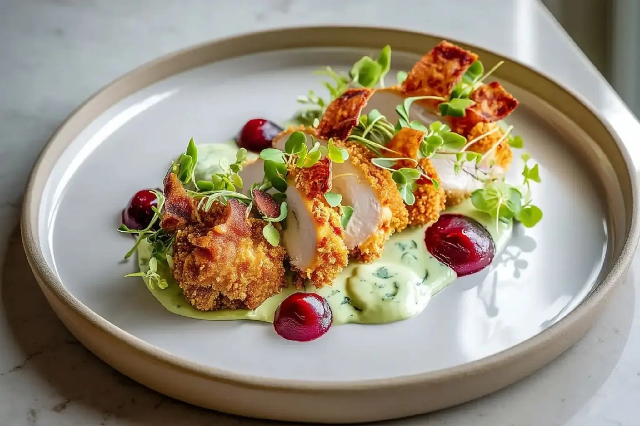 🍗✨ Crispy Herb-Crusted Chicken with Green Cream Sauce & Berry Accents