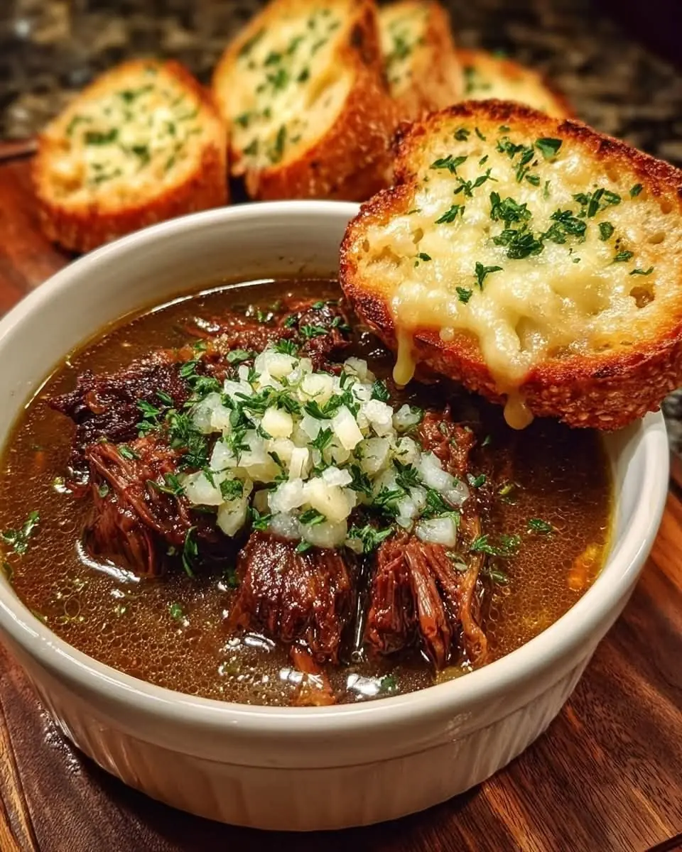 🥩🔥 FRENCH ONION BEEF SOUP WITH CHEESY GARLIC TOAST