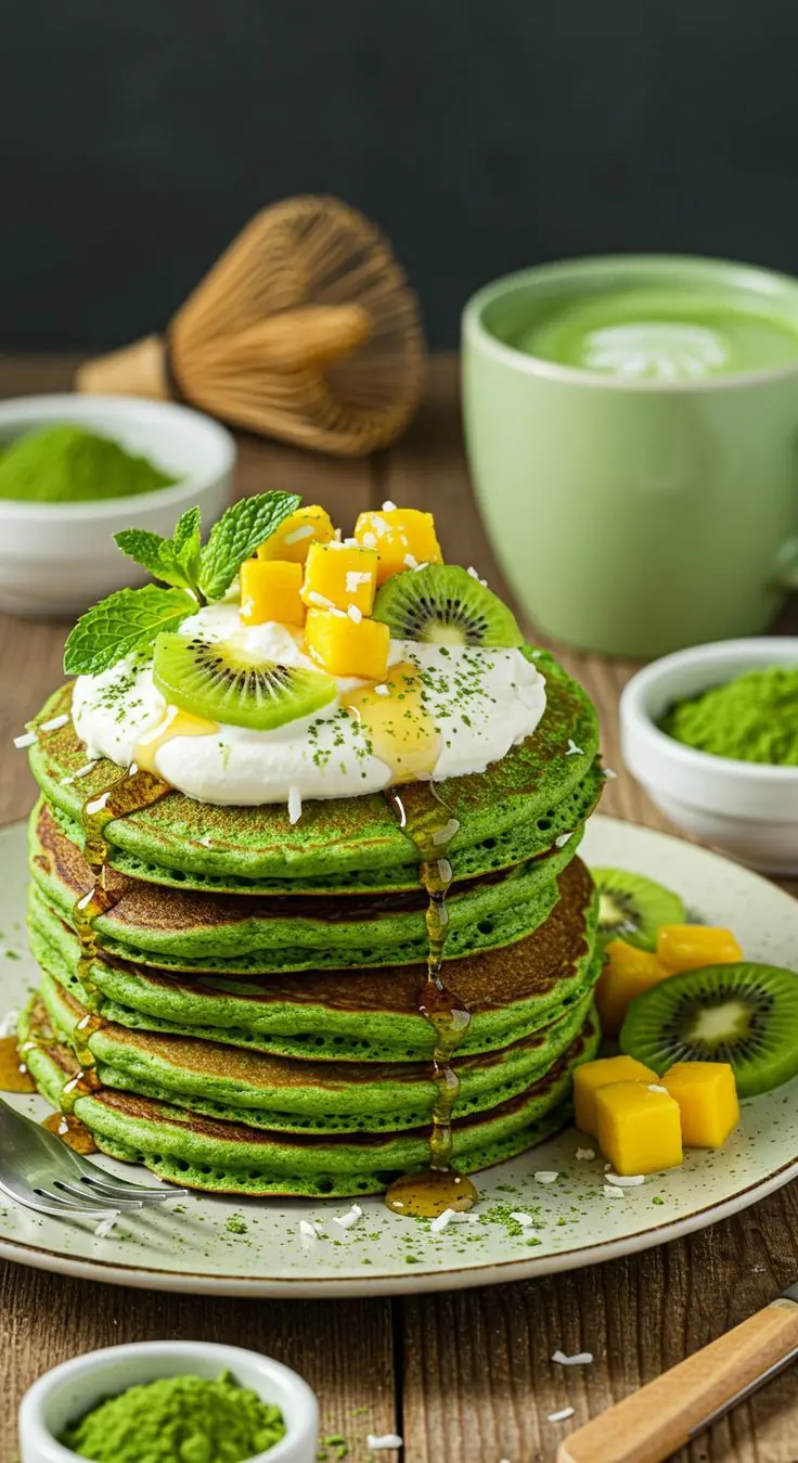 🍵🥞 MATCHA PANCAKES WITH CREAM & FRUIT