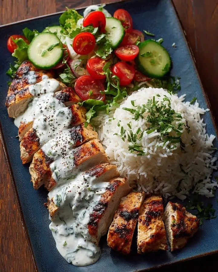🍗🥗 GRILLED CHICKEN WITH GARLIC YOGURT SAUCE & RICE