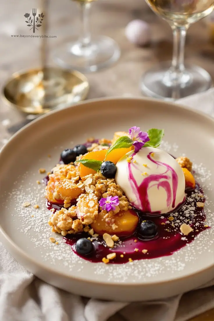 🍑🍨 POACHED PEACHES WITH VANILLA PANNA COTTA & BERRY SAUCE