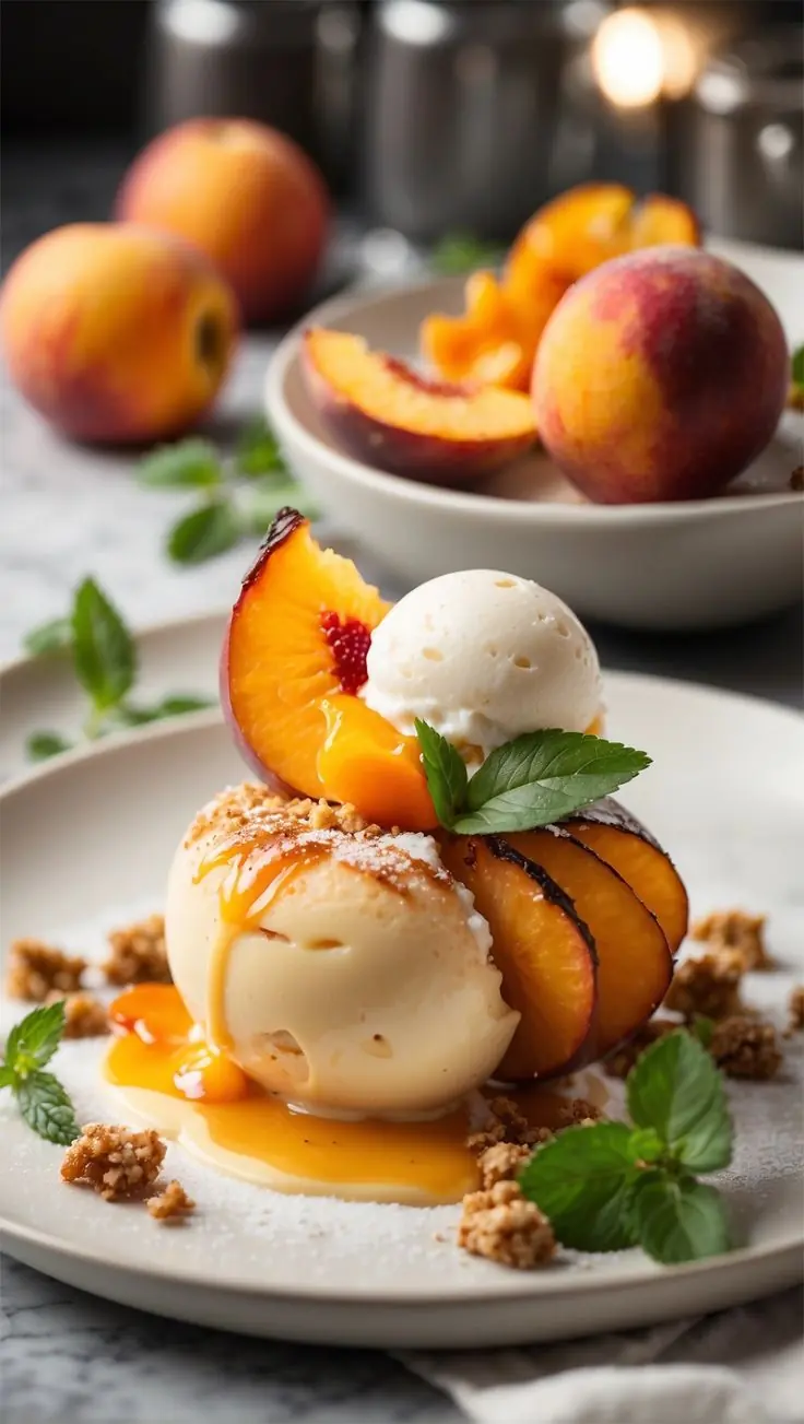 🍑🍨 GRILLED PEACHES WITH VANILLA ICE CREAM & HONEY CRUMBLE