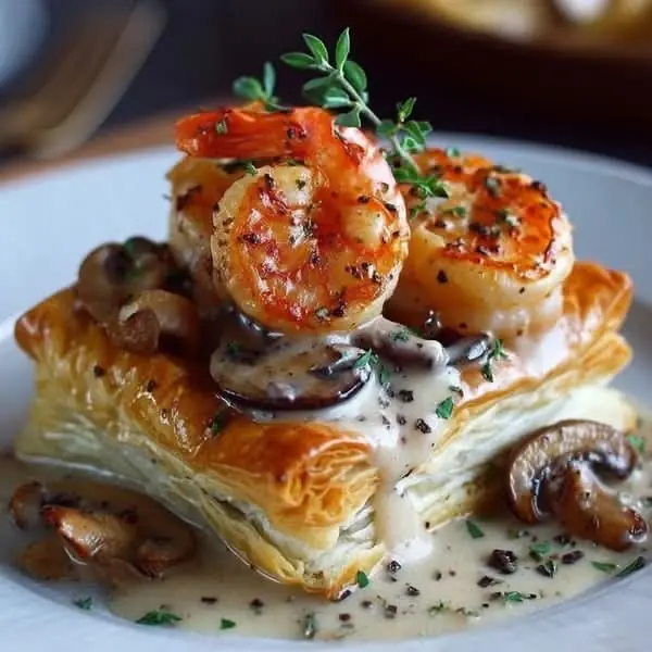 Creamy Garlic Shrimp & Scallops Puff Pastry Stack