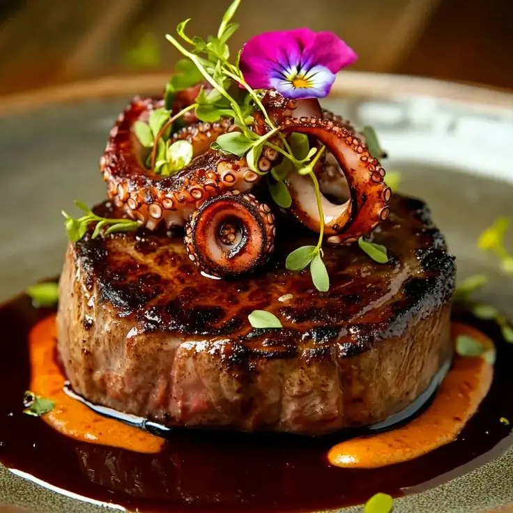 Surf & Turf Steak with Grilled Octopus & Red Wine Reduction