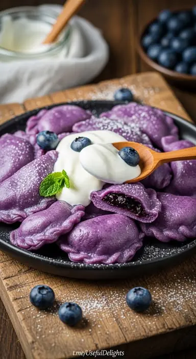 Purple Sweet Potato Blueberry Dumplings (with Yogurt Sauce)