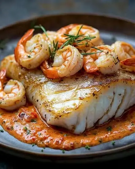 Pan-Seared Fish with Creamy Garlic Shrimp Sauce