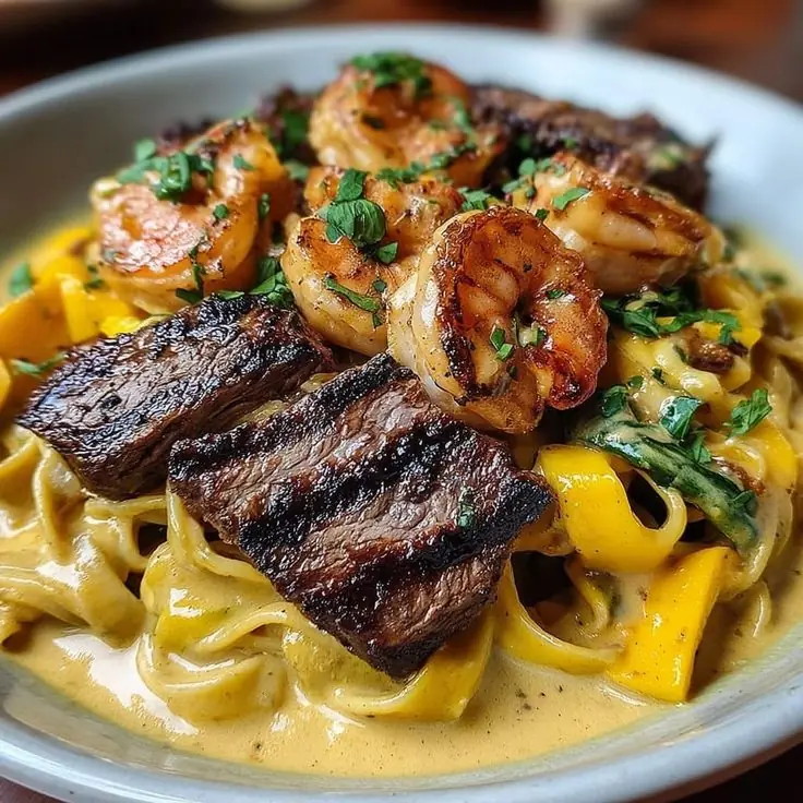Creamy Steak & Shrimp Pasta (Surf & Turf Pasta)