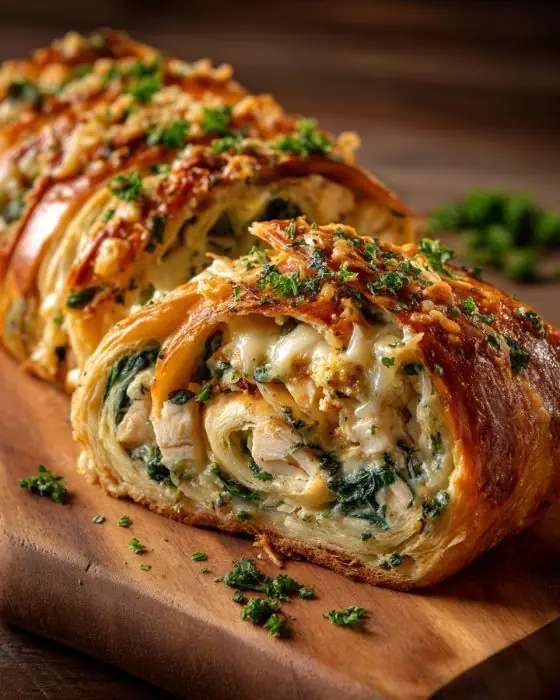 Cheesy Chicken & Spinach Puff Pastry Roll