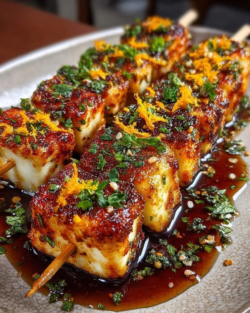 Crispy Halloumi Skewers with Honey Chili Citrus Glaze