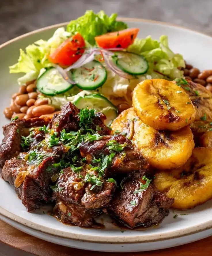 🍖 Caribbean Stewed Beef with Fried Plantains & Fresh Salad