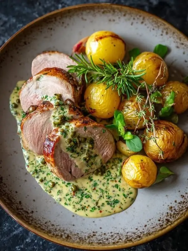 🍖 Pork Tenderloin with Creamy Mustard Sauce & Roasted Baby Potatoes