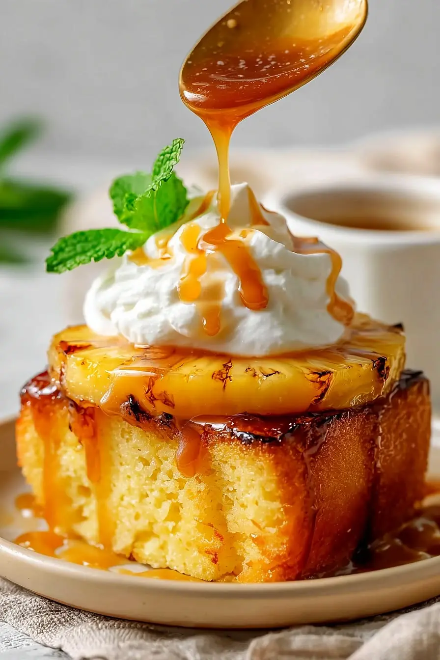 🍍 Caramelized Pineapple Upside-Down Cake with Cream & Caramel Drizzle