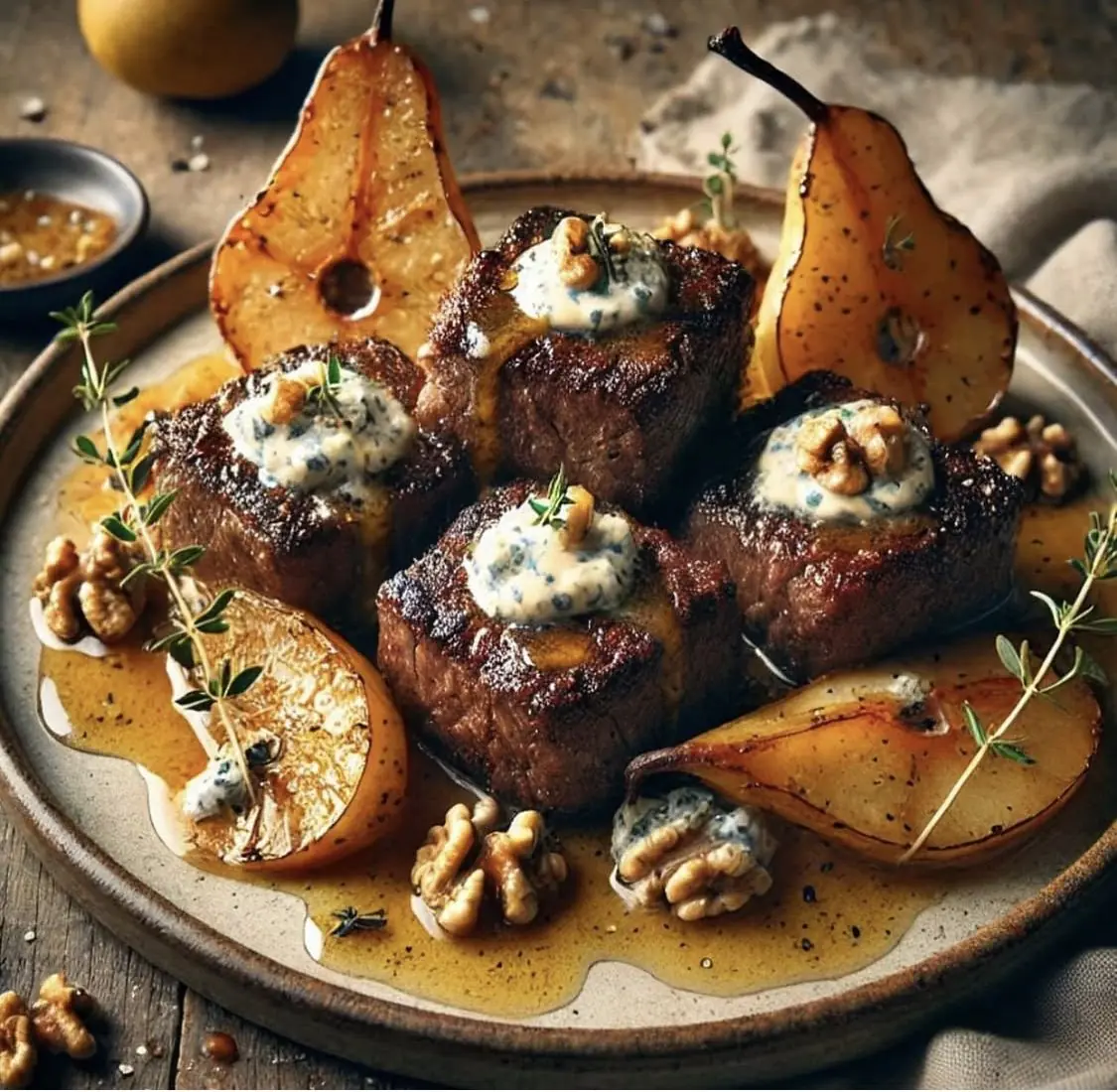 🥩🍐 Steak Medallions with Blue Cheese, Caramelized Pears & Walnut Sauce
