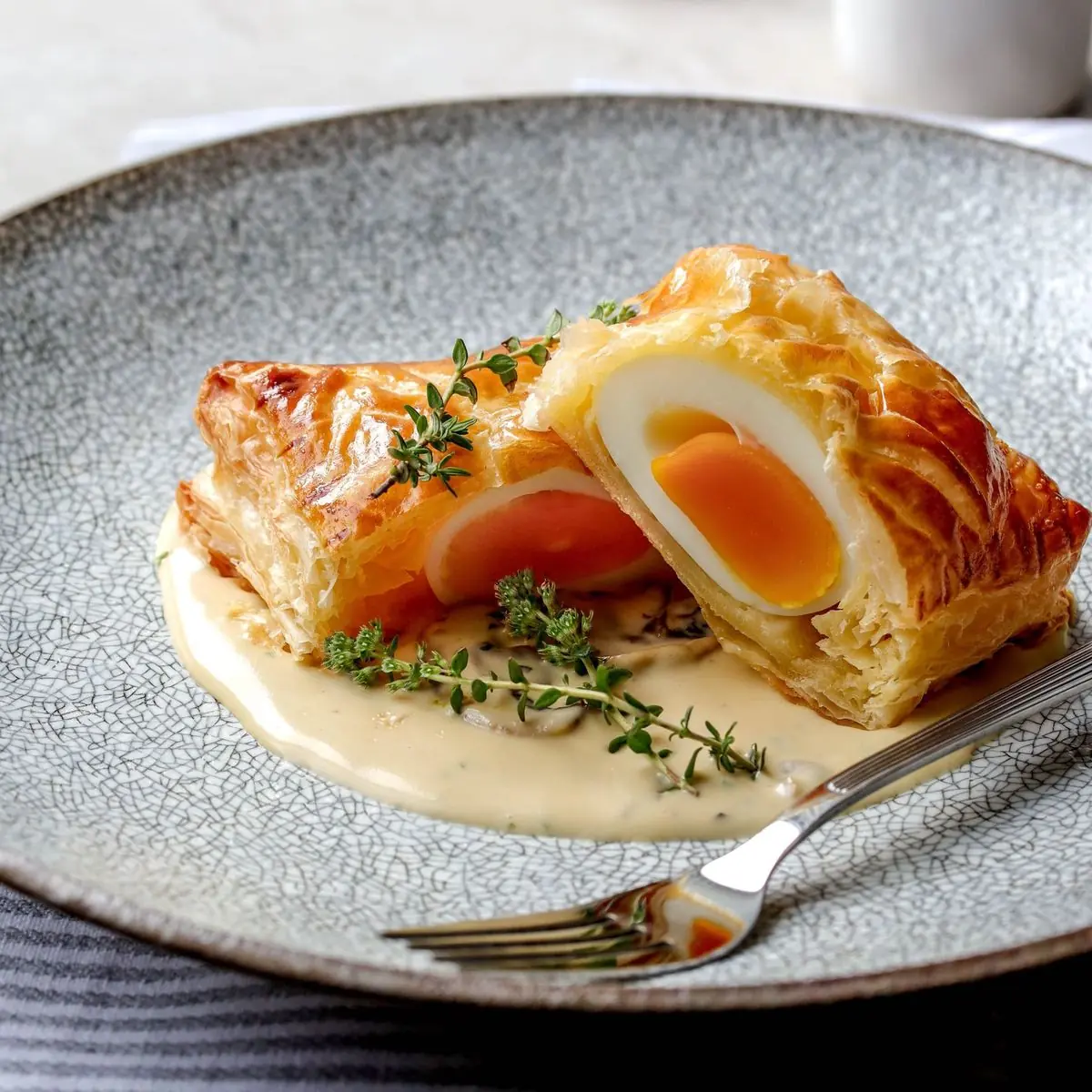 Puff Pastry Baked Eggs with Creamy Herb Sauce