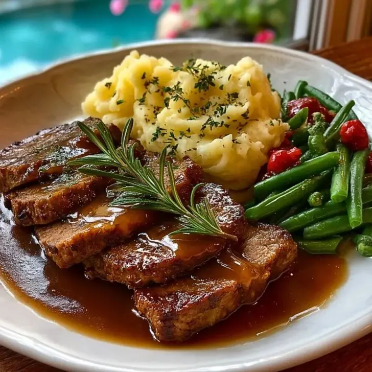 Braised Beef Steak with Mashed Potatoes & Garlic Green Beans