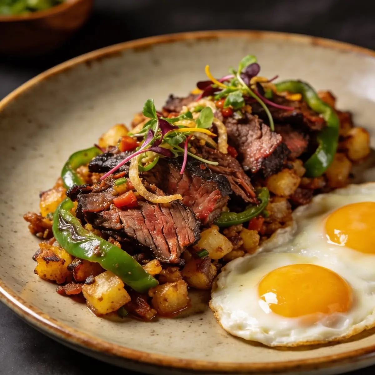 Steak Breakfast Hash with Crispy Potatoes & Sunny Side Eggs