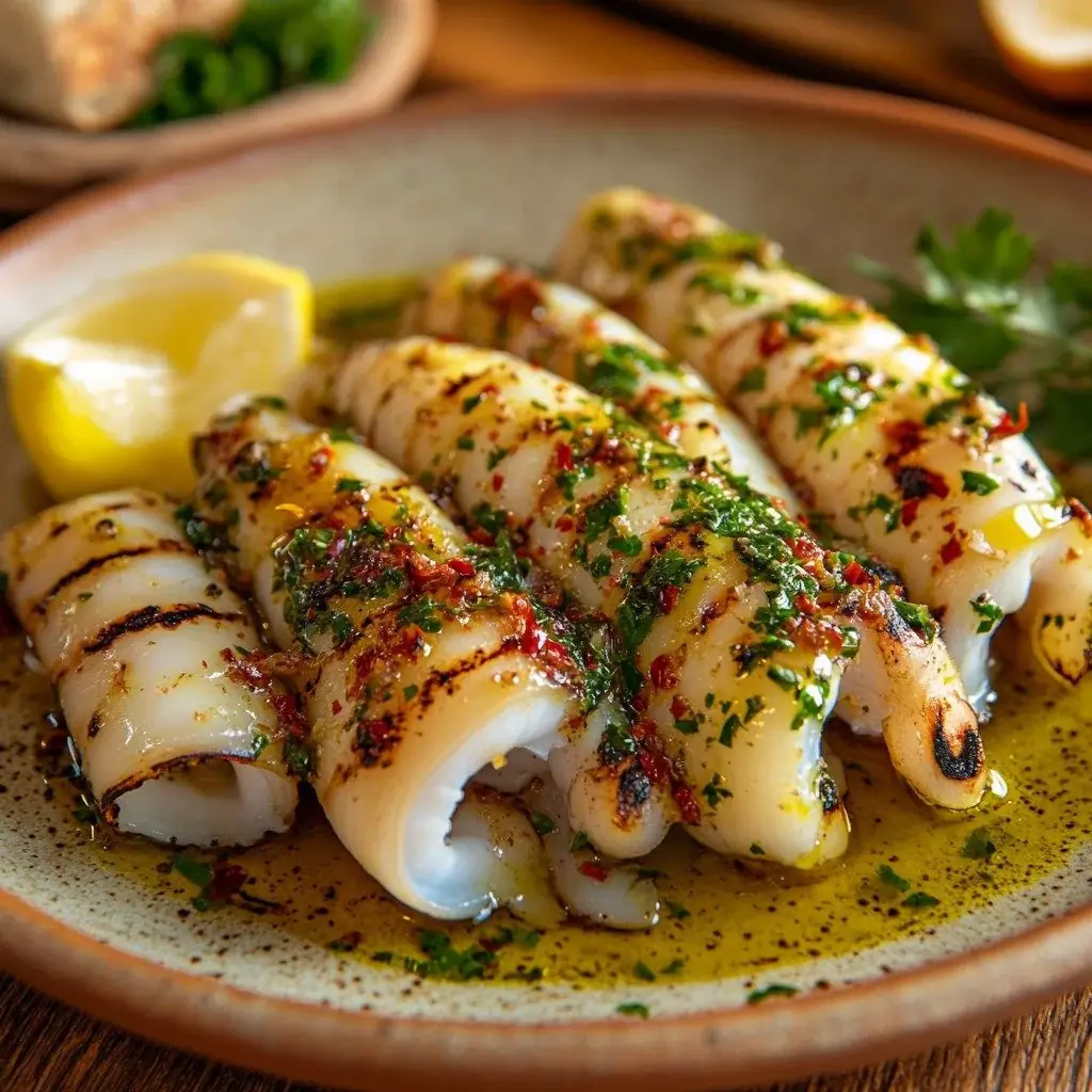 Grilled Calamari with Garlic Herb Butter Sauce