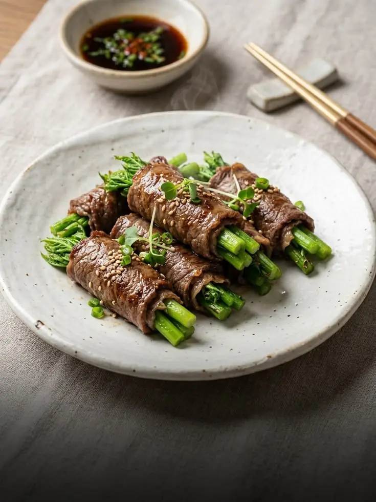 🥩🥬 Asian-Style Beef Rolls with Garlic Greens