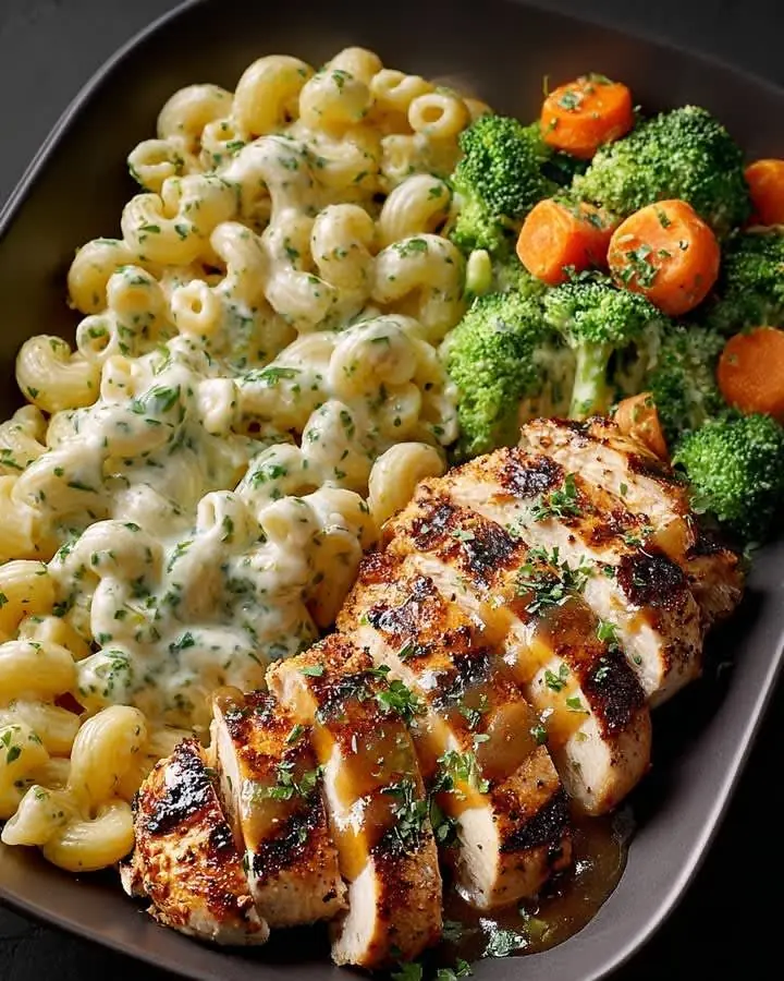 🍗🧀 Grilled Chicken with Creamy Mac & Cheese and Garlic Vegetables