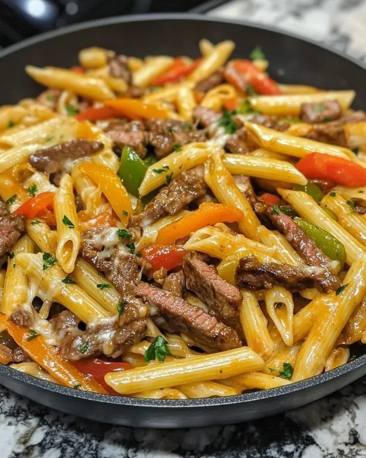 🍝 Cheesy Beef & Bell Pepper Penne Skillet