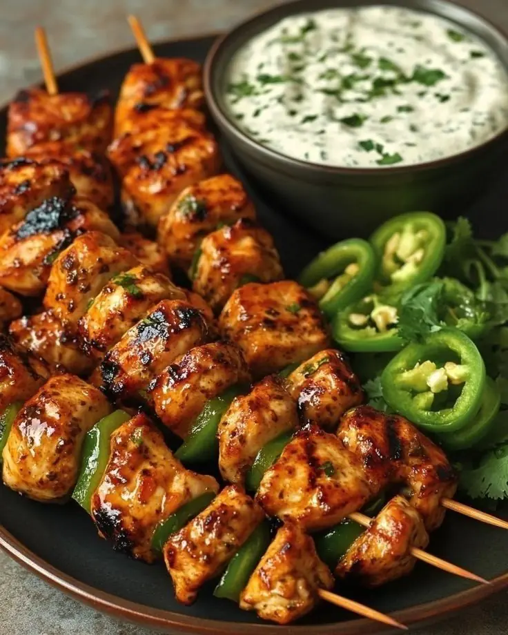 🍢 Spicy Grilled Chicken Skewers with Creamy Herb Dip