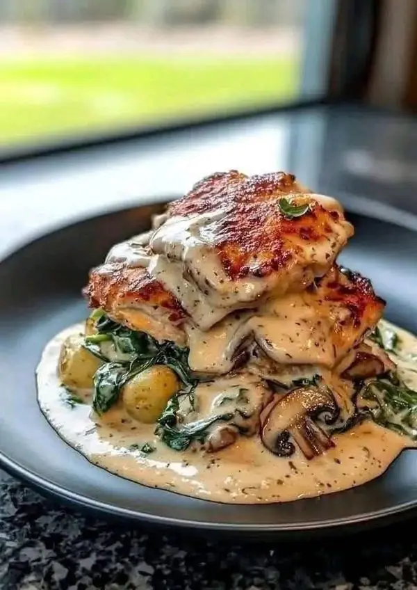 🍗 Creamy Garlic Chicken with Mushrooms & Spinach