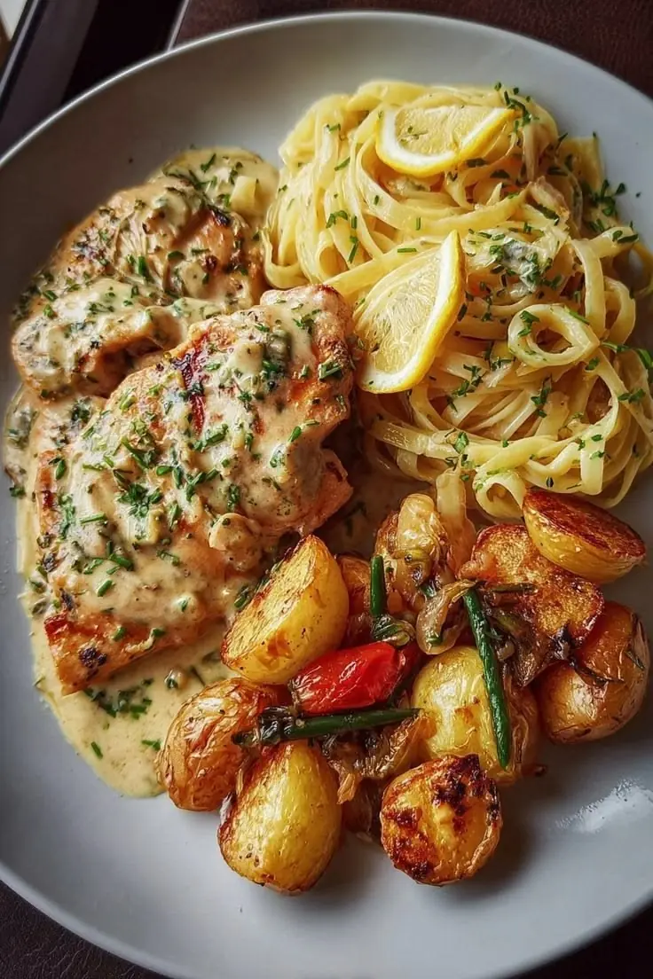 🍋 Creamy Lemon Chicken Pasta with Roasted Potatoes – A Restaurant-Quality Comfort Meal