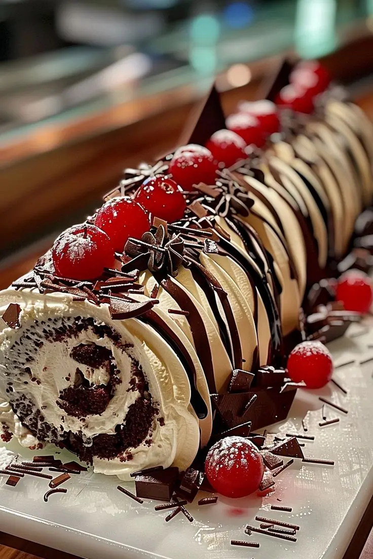 🍒🍫 Black Forest Swiss Roll – A Stunning Dessert That Combines Elegance and Indulgence