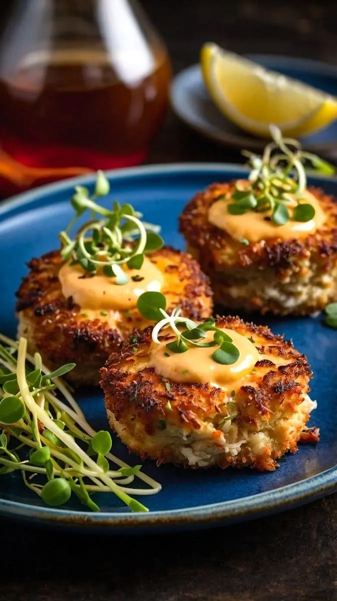 🦀 Crispy Crab Cakes with Creamy Spicy Aioli – A Coastal Favorite Packed with Flavor