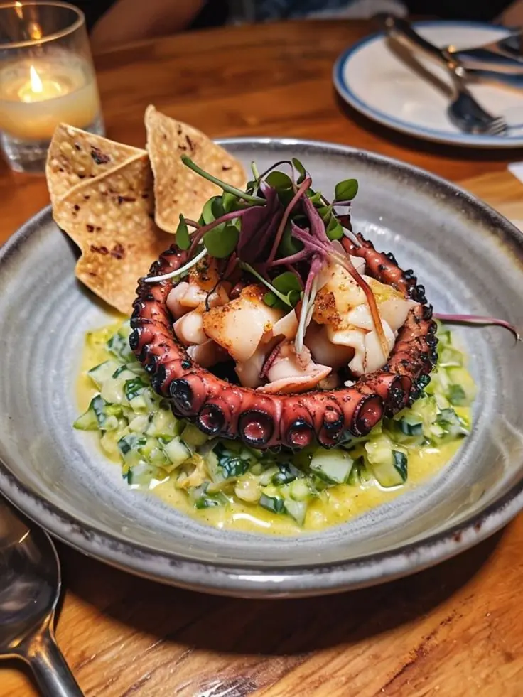 🐙 Grilled Octopus on Cucumber Citrus Salad – A Sophisticated Seafood Delight