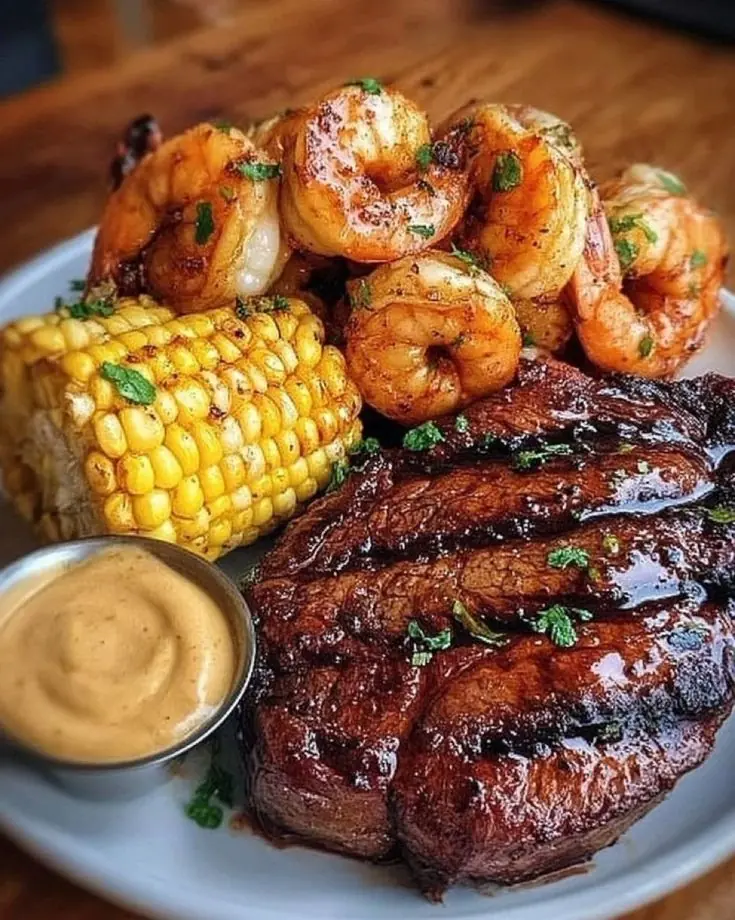 🥩 Garlic Butter Steak and Grilled Shrimp with Sweet Corn – A Surf-and-Turf Feast Worth Savoring