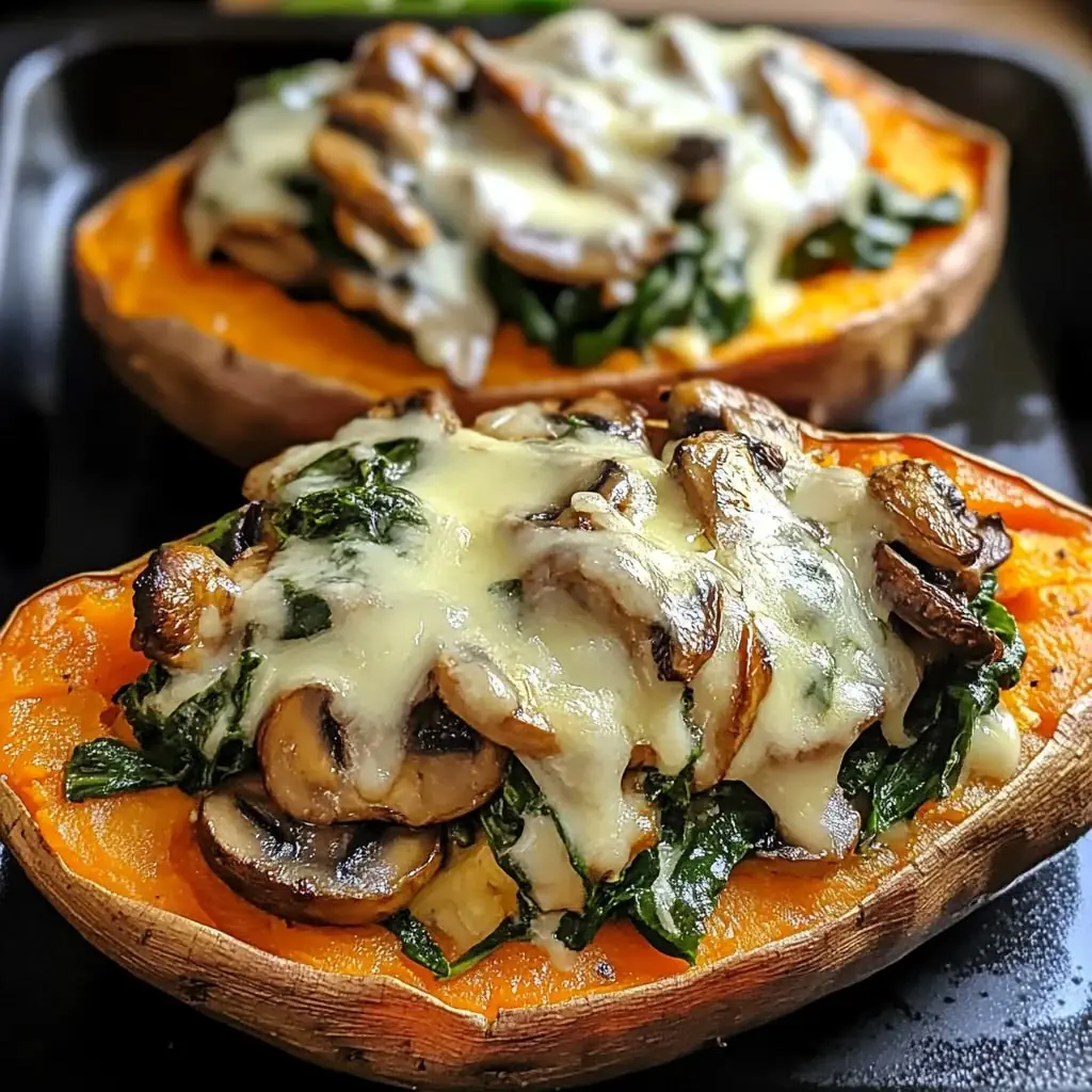 Cheesy Stuffed Sweet Potatoes with Mushrooms and Spinach