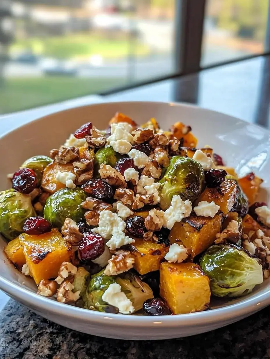 Roasted Butternut Squash, Brussels Sprouts, Cranberries & Feta Salad