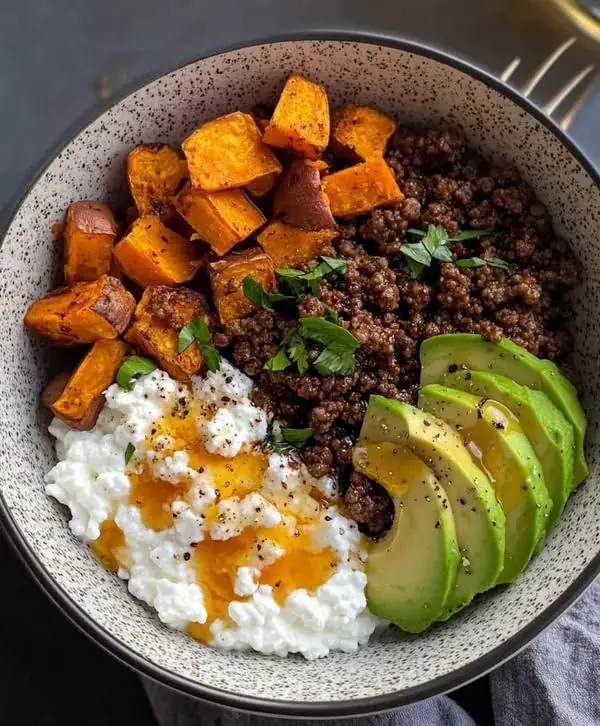 High-Protein Sweet Potato, Ground Beef & Avocado Bowl