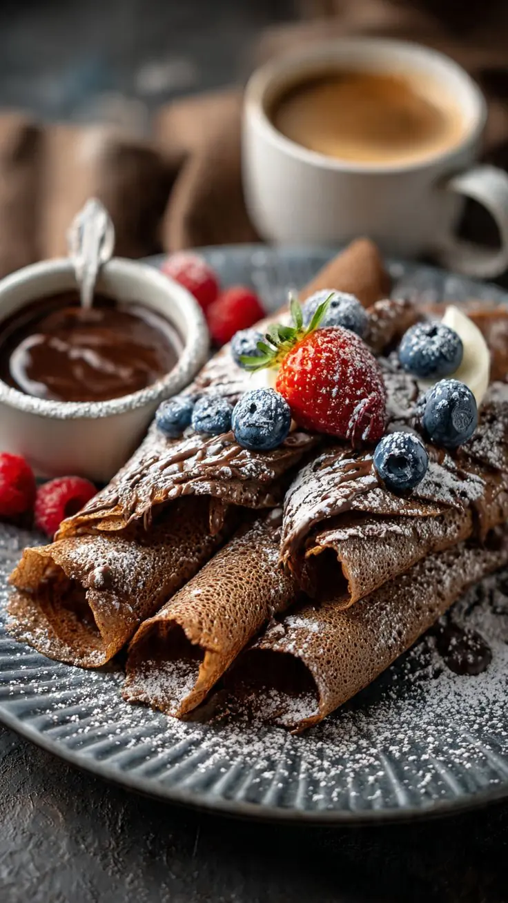 Chocolate Crepes with Fresh Berries & Chocolate Sauce