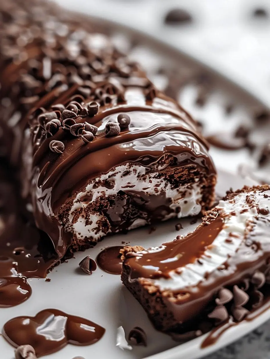 Chocolate Swiss Roll with Marshmallow Cream & Chocolate Ganache