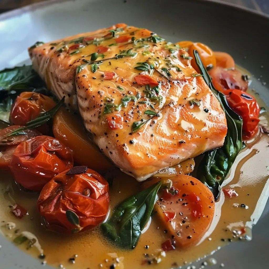 Honey Garlic Salmon with Roasted Tomatoes & Spinach