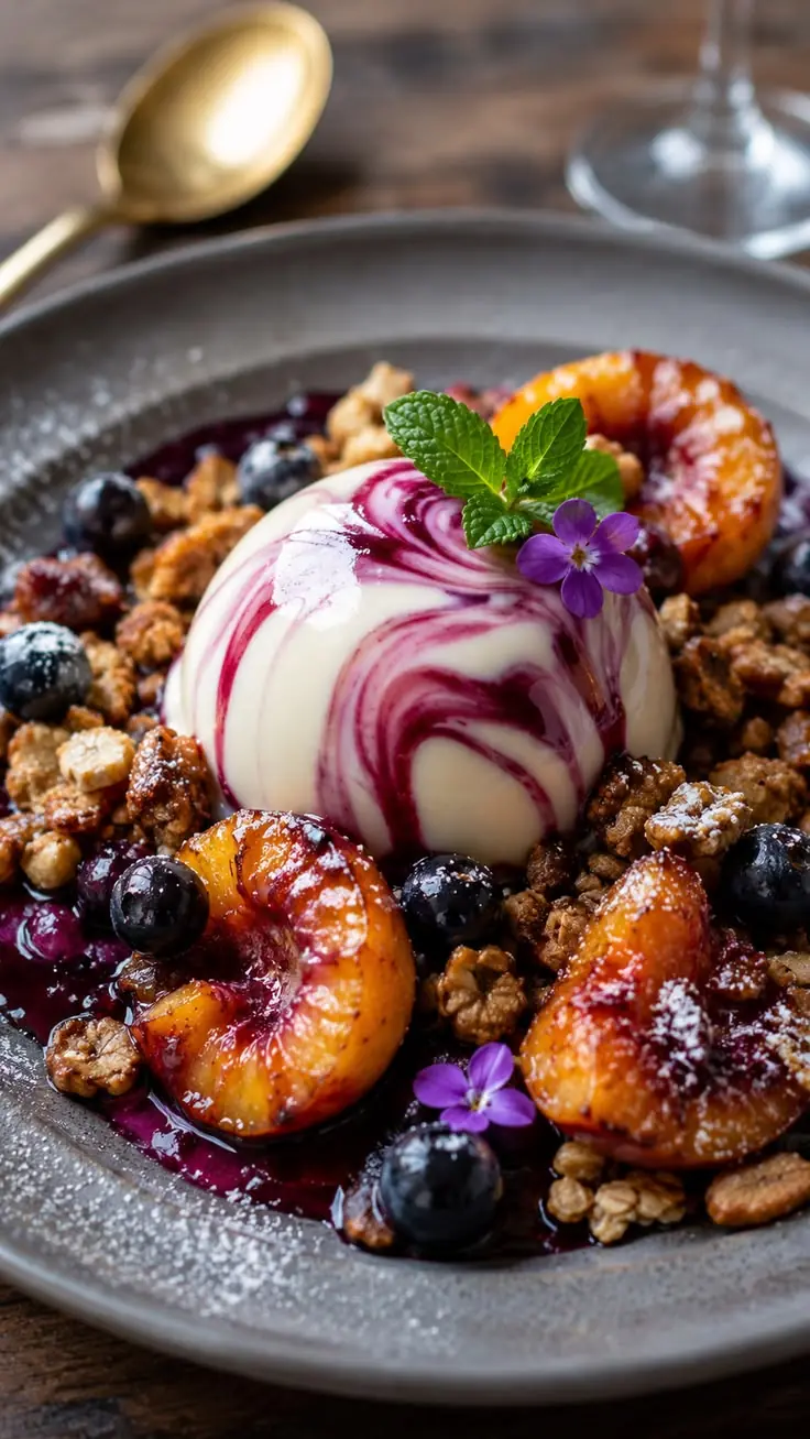 Berry Swirl Panna Cotta with Roasted Peaches & Crunchy Granola