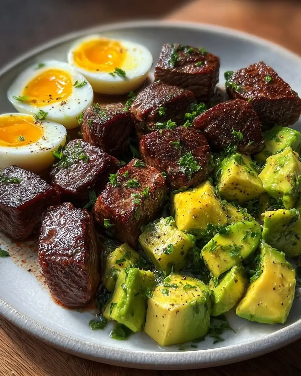 Garlic Butter Steak Bites with Avocado & Soft-Boiled Eggs