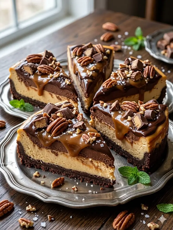 Turtle Cheesecake with Chocolate, Caramel & Pecans