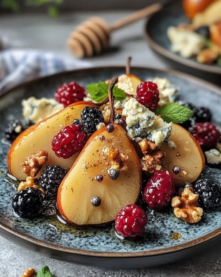 Honey-Poached Pears with Blue Cheese, Berries & Walnuts
