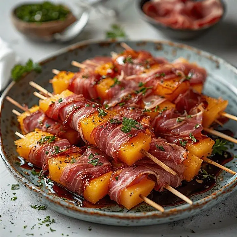 Prosciutto-Wrapped Melon Skewers with Balsamic Glaze