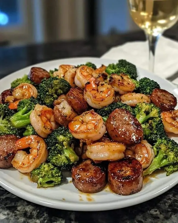 Garlic Butter Shrimp, Sausage & Broccoli Skillet
