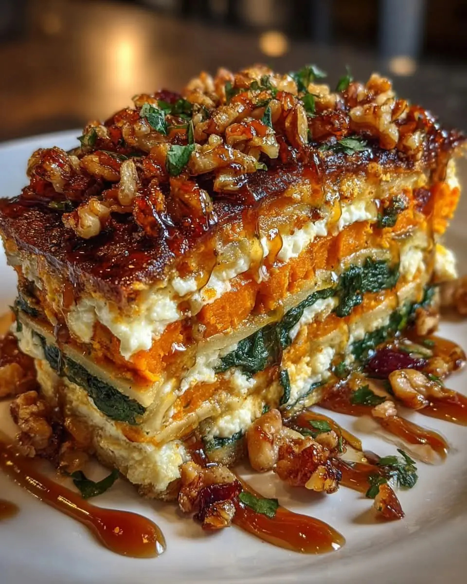 Sweet Potato, Spinach & Ricotta Lasagna with Candied Walnuts