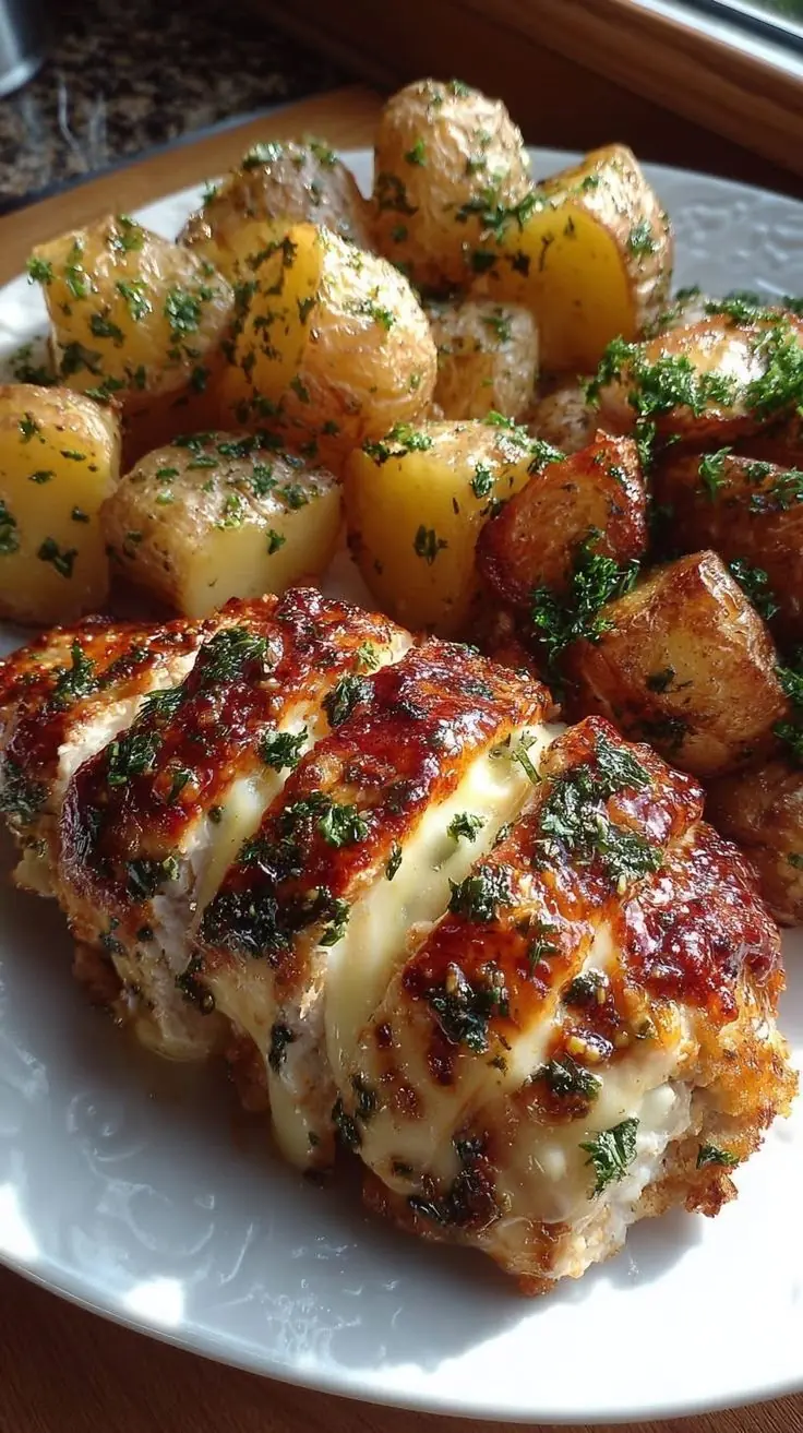 Cheesy Garlic Chicken with Roasted Baby Potatoes
