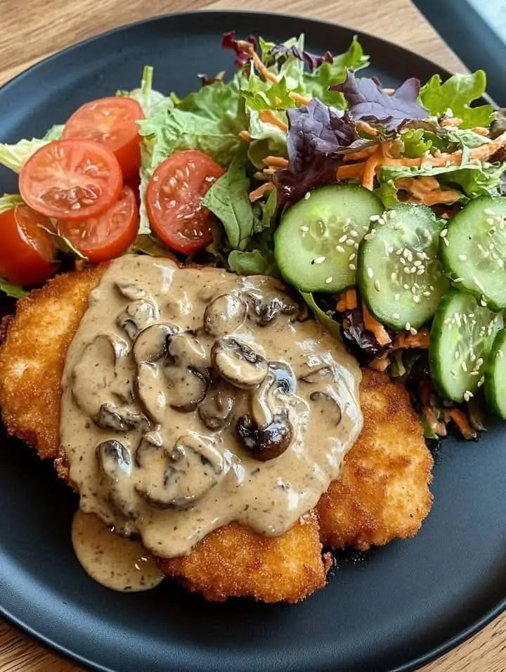 Crispy Chicken Schnitzel with Creamy Mushroom Gravy and Garden Salad
